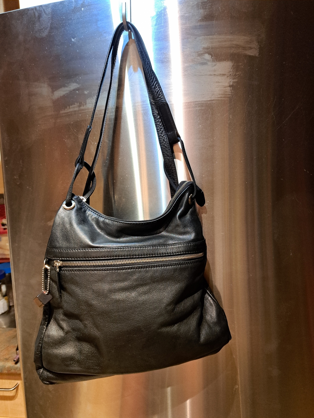 Black Leather Shoulder Bag Back paks with Front Zip Detail